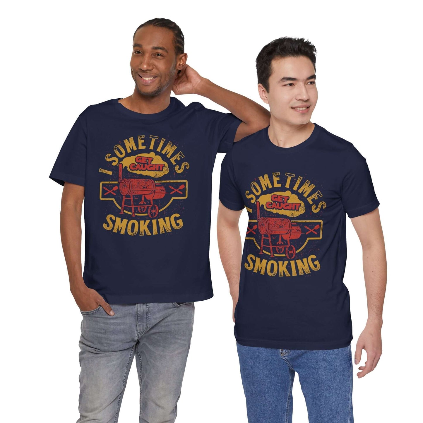 Navy T-shirts on models with front BBQ smoker graphic