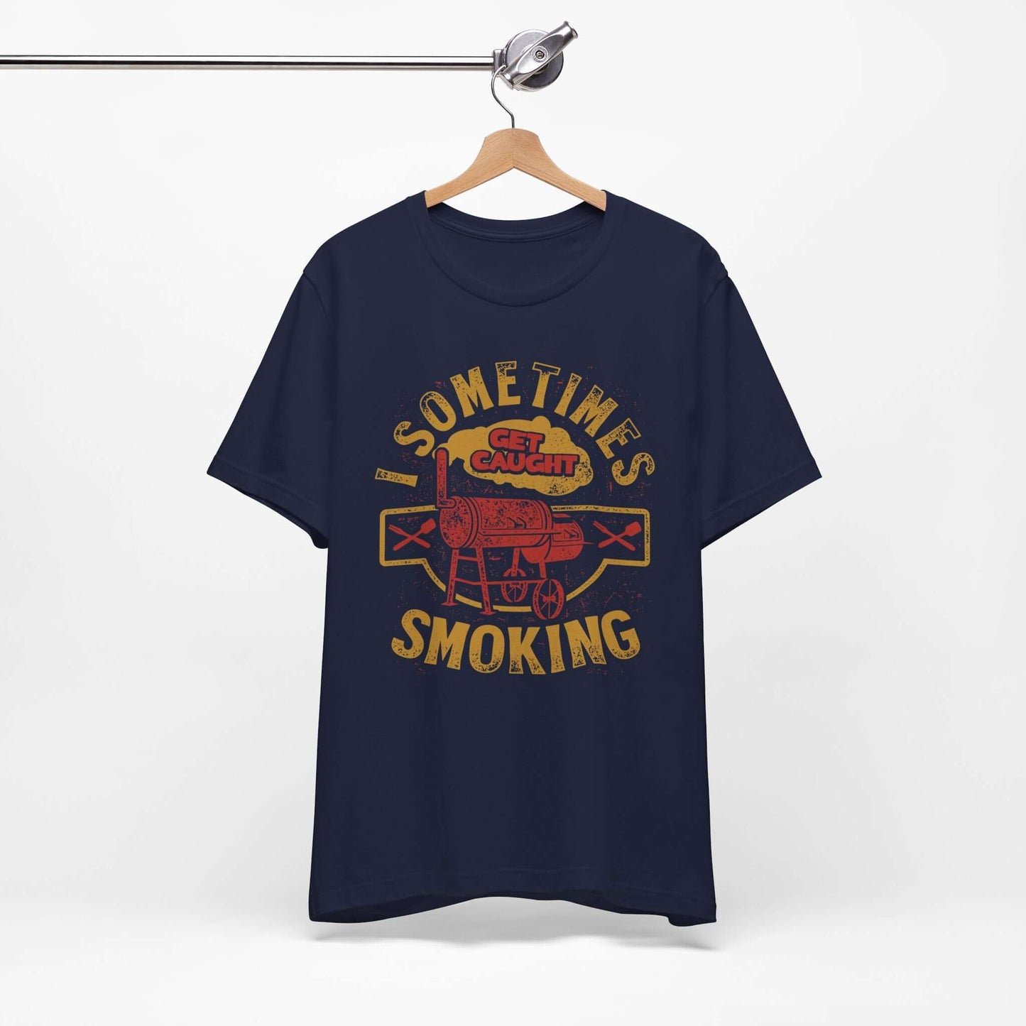 Navy T-shirt on hanger with front BBQ smoker graphic