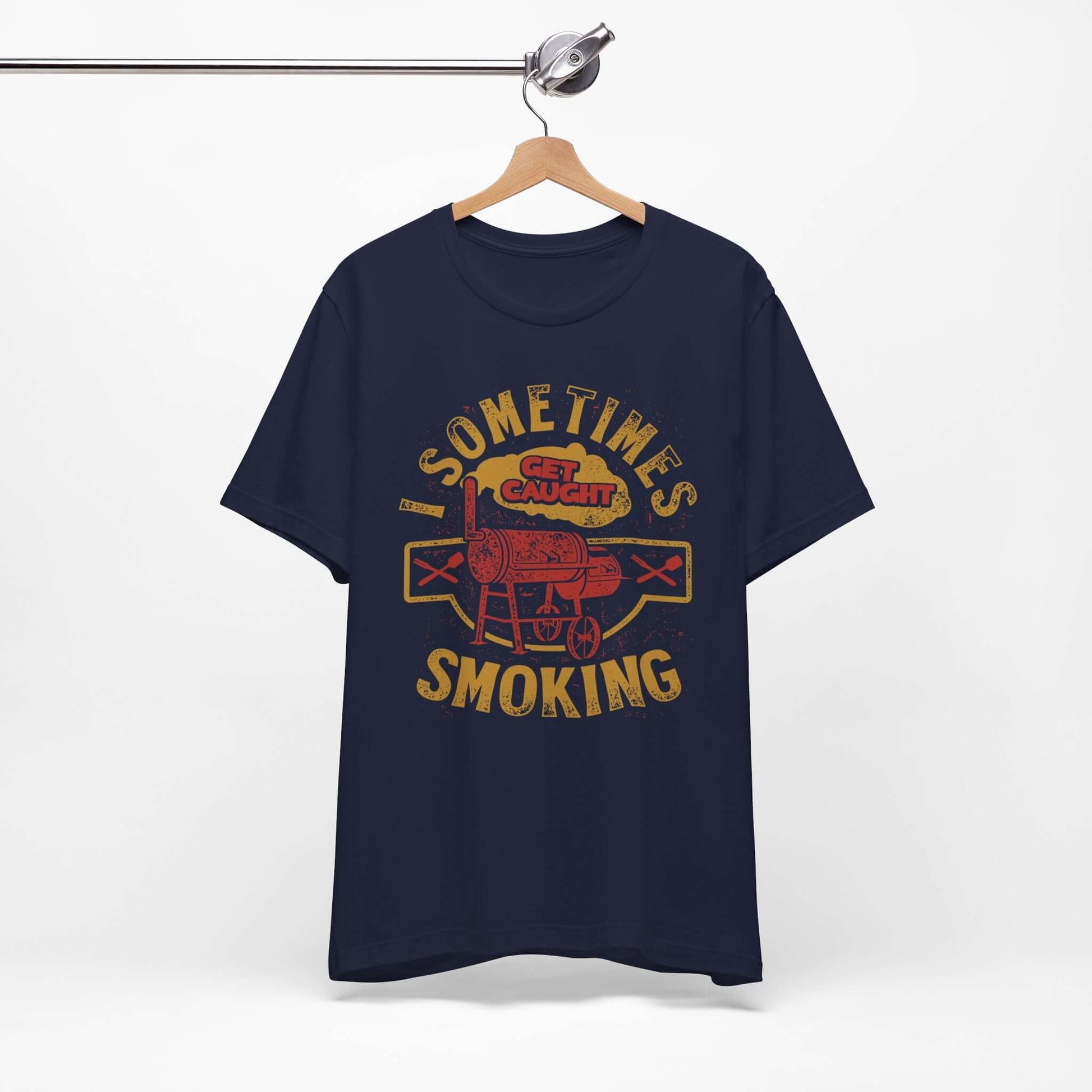Navy T-shirt on hanger with front BBQ smoker graphic