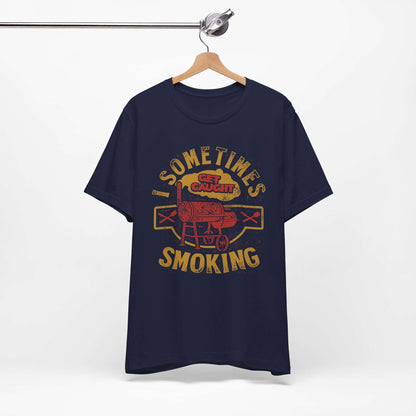Navy T-shirt on hanger with front BBQ smoker graphic