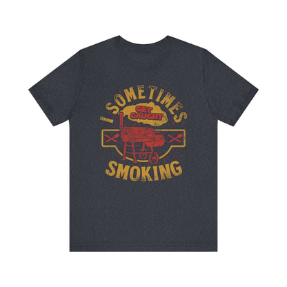 Graphic T-shirt in dark heather gray with front cartoon BBQ text print.