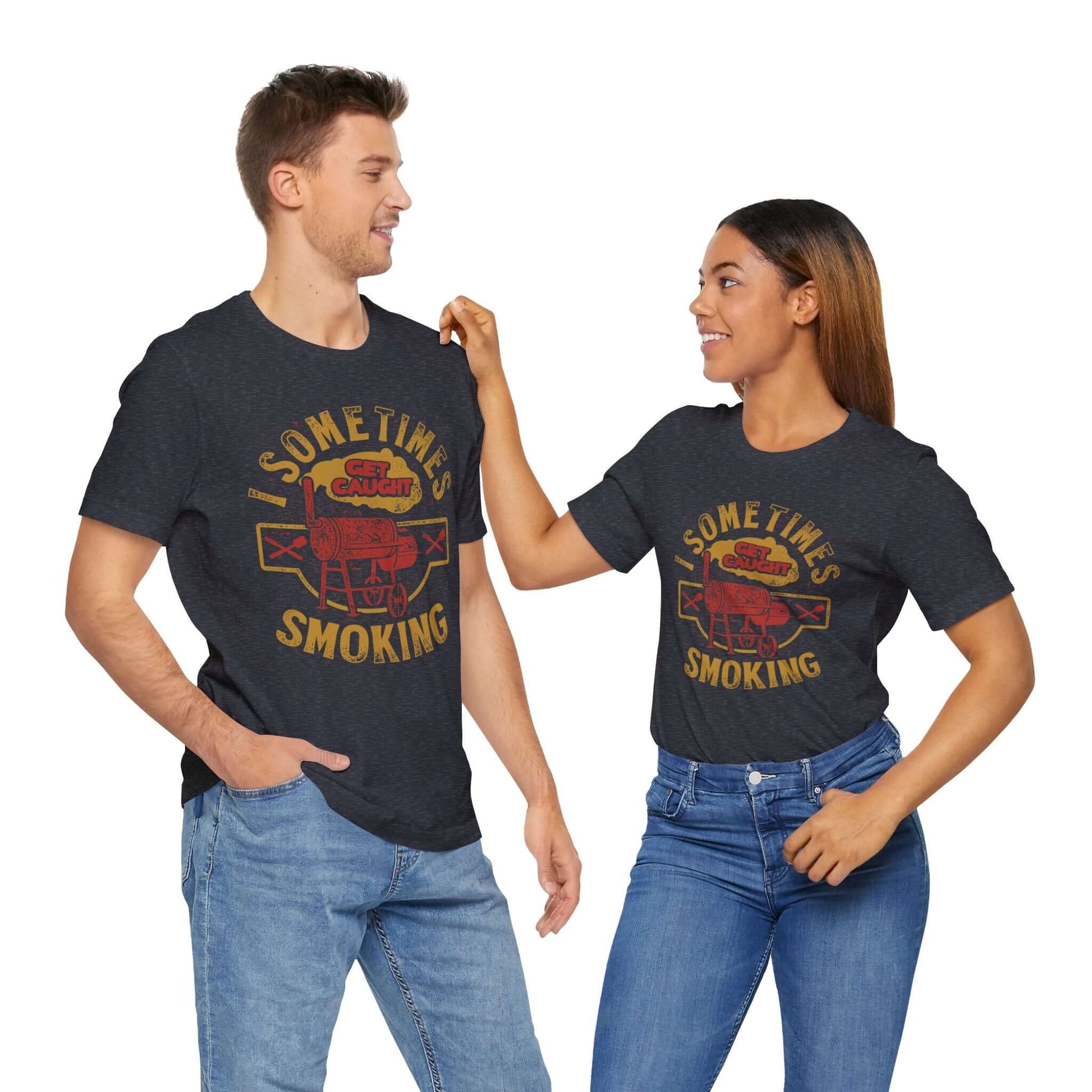 Graphic T-shirt in dark heather gray with front cartoon BBQ text print.