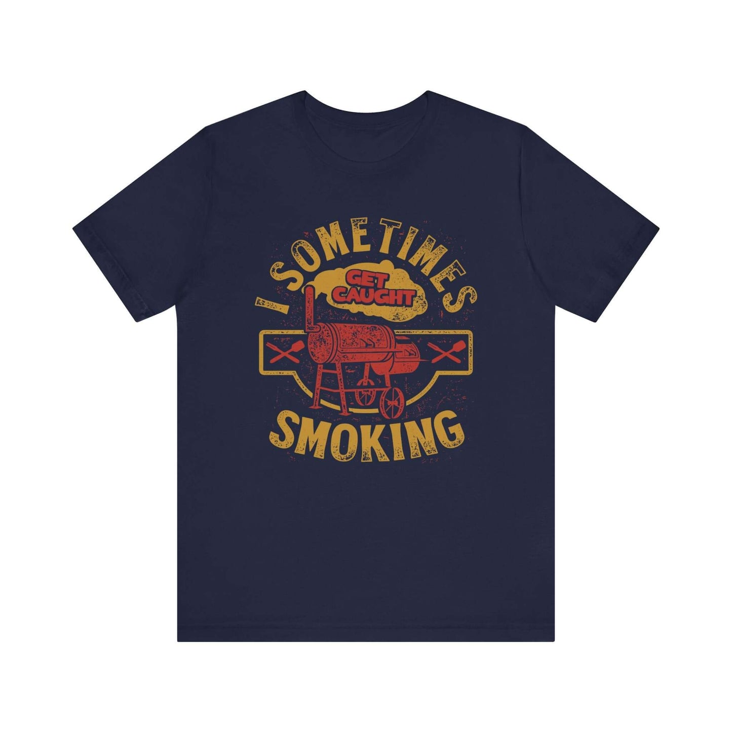 Navy T-shirt with front BBQ smoker graphic and distressed lettering