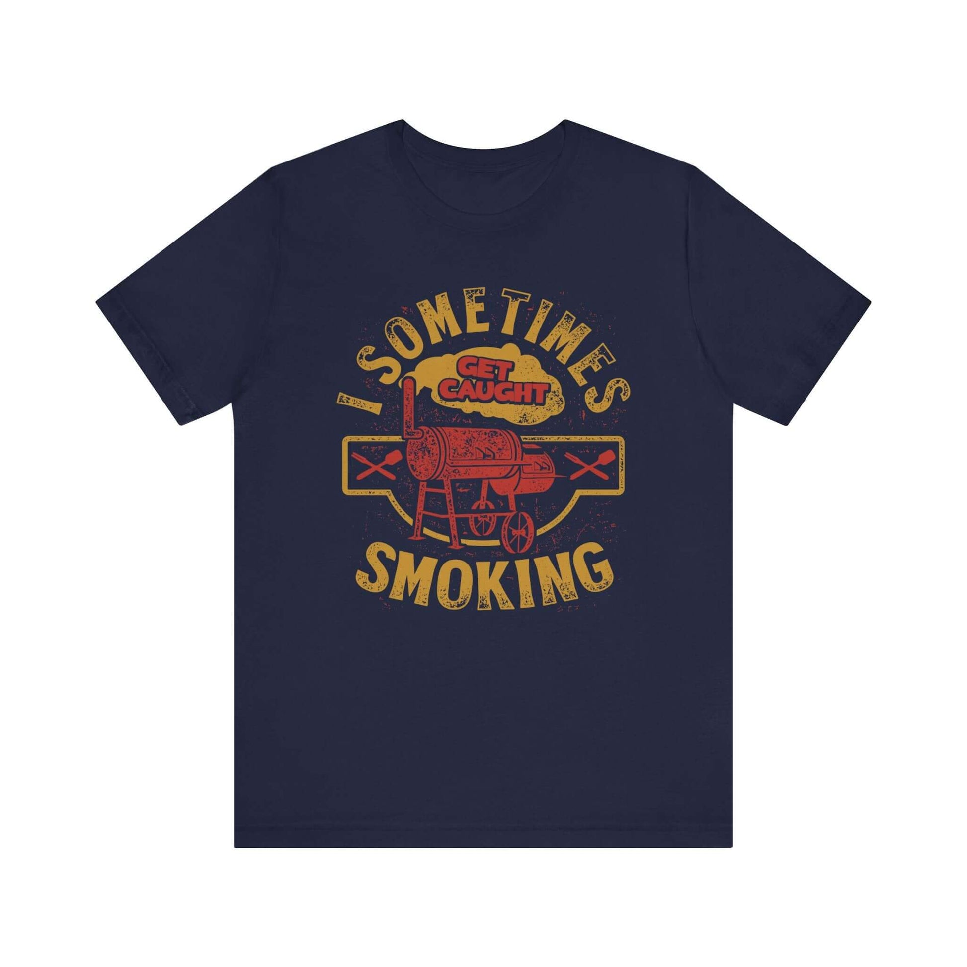 Navy T-shirt with front BBQ smoker graphic and distressed lettering