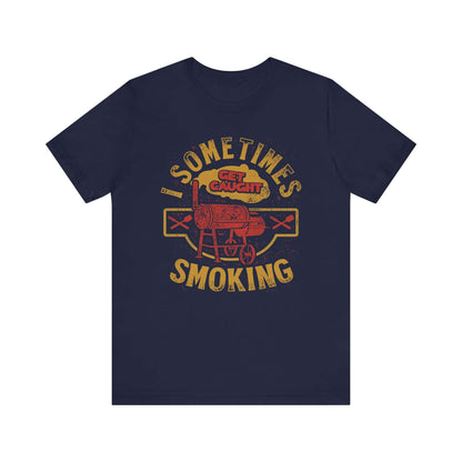 Navy T-shirt with front BBQ smoker graphic and distressed lettering