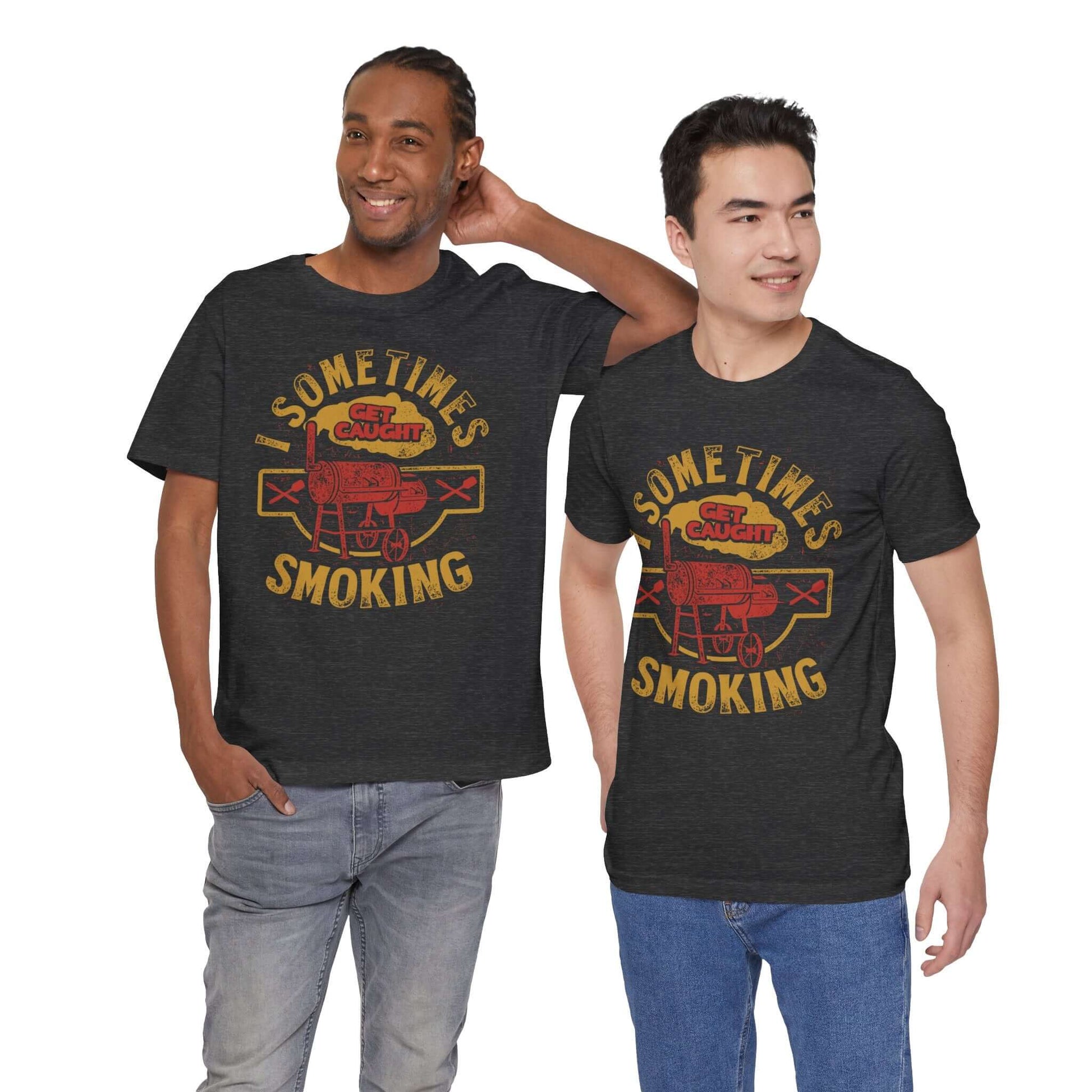 Dark grey T-shirts on models with front BBQ smoker graphic