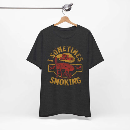 Dark grey heather T-shirt on hanger with front BBQ smoker graphic