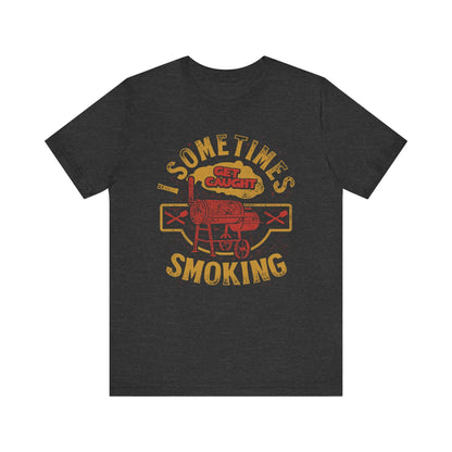 Dark grey T-shirt with front BBQ smoker graphic and distressed lettering