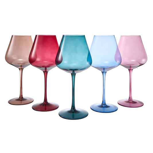 Stemmed wine glass set of 5 in pink, red, teal, light blue, and purple tones