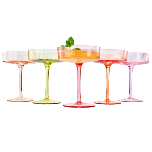 Ribbed coupe cocktail glasses, five-piece set in mixed clear pastel colors