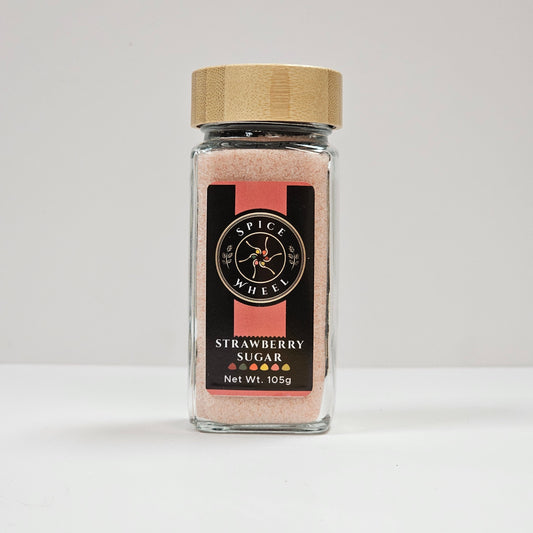 Strawberry sugar spice jar with cork lid, clear glass and brand label