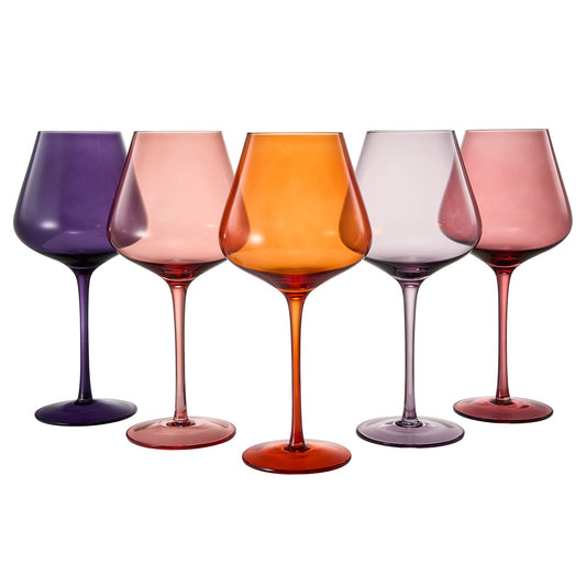 Set of 5 stemmed wine glasses in purple, peach, orange, lavender, and pink tones