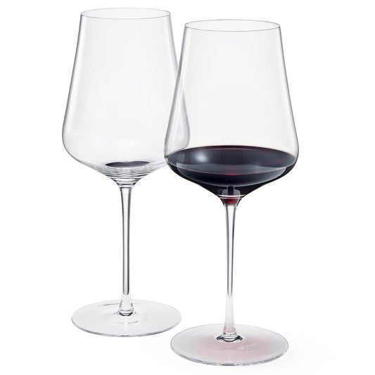 Stemmed wine glasses, set of 2, clear glass with dark red wine