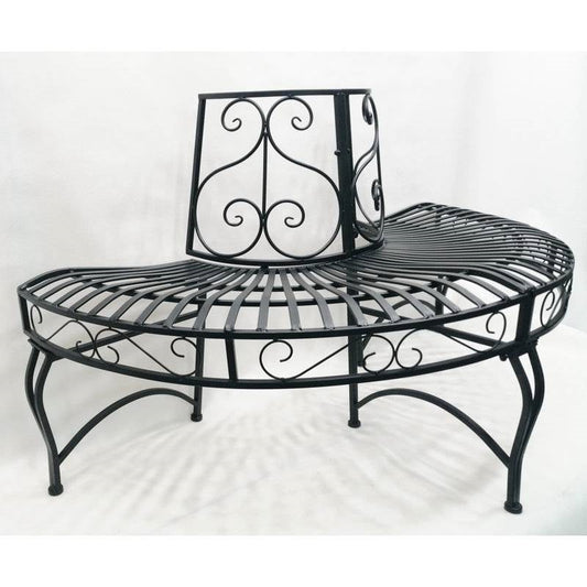Half-circle outdoor tree bench with arched metal frame and black slatted seat
