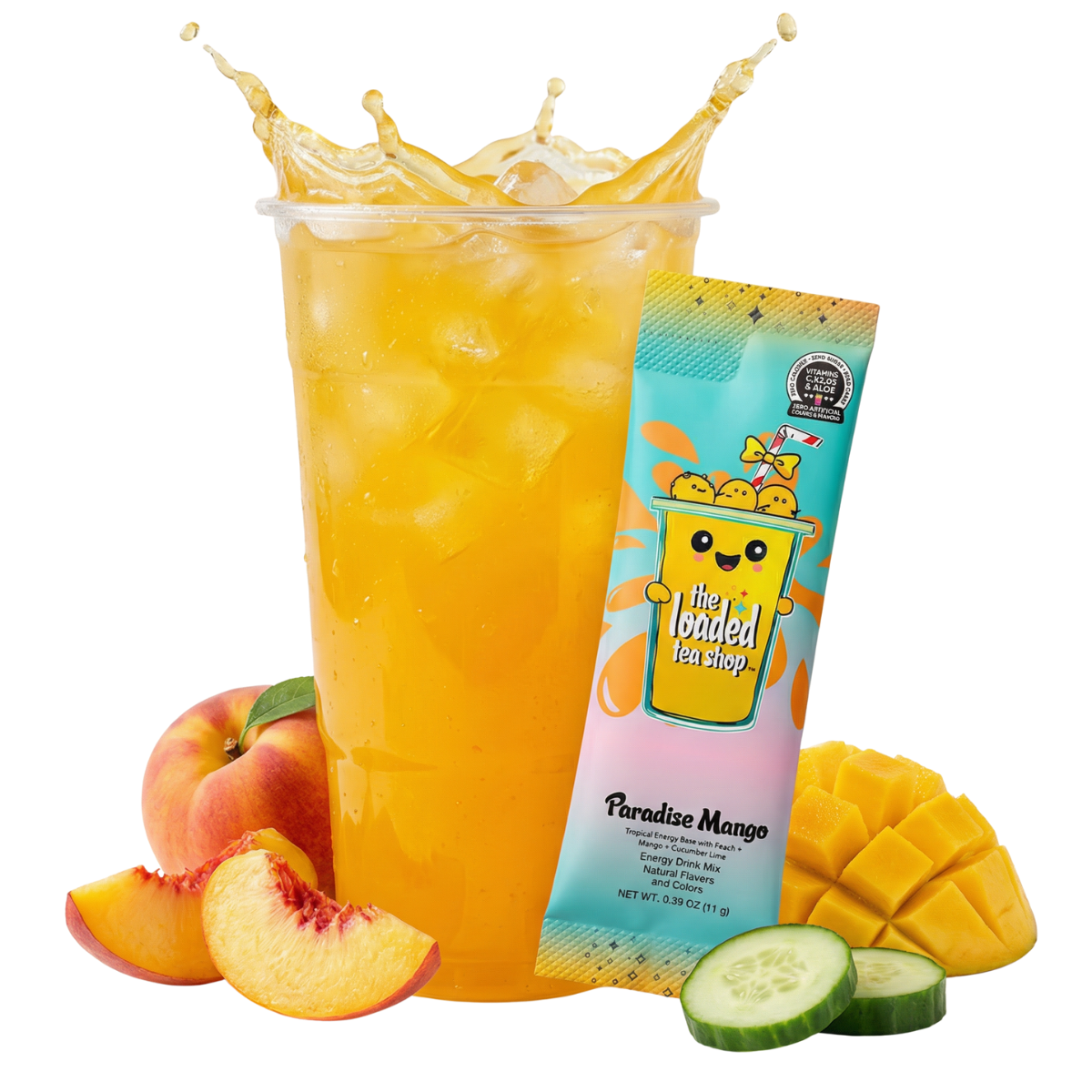 Mango loaded tea in tall yellow cup with mango and cucumber slices
