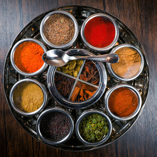 Spice wheel tray with 8 metal cups and serving spoon for spices