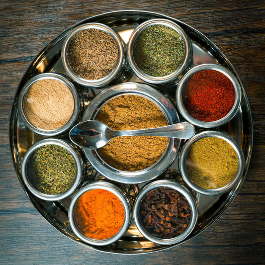 Stainless steel spice wheel with hinged compartments and colorful ground spices
