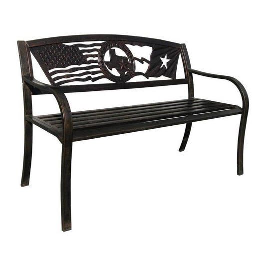 Outdoor metal garden bench with patriotic star-and-flag back panel, dark bronze finish