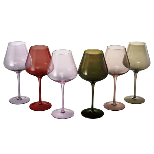 Stemmed wine glass set of 6, rounded bowls in assorted colors with tall stems.