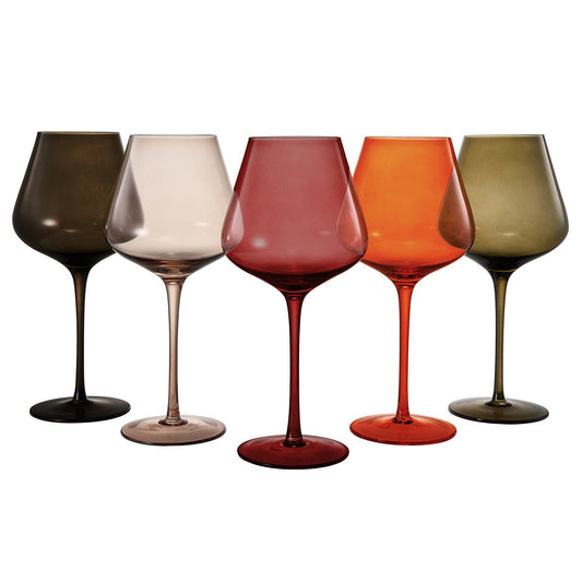 Set of 5 stemmed wine glasses in dark, cream, red, orange, and olive tones
