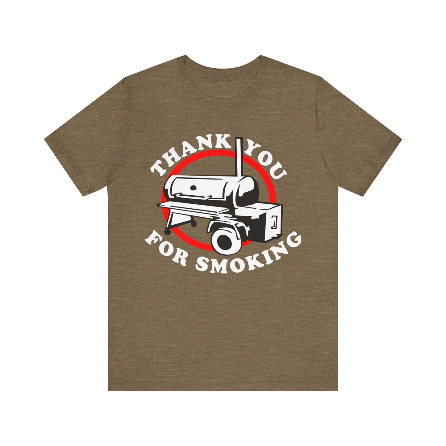 Olive T-shirt with “Thank you for smoking” BBQ graphic in red and white