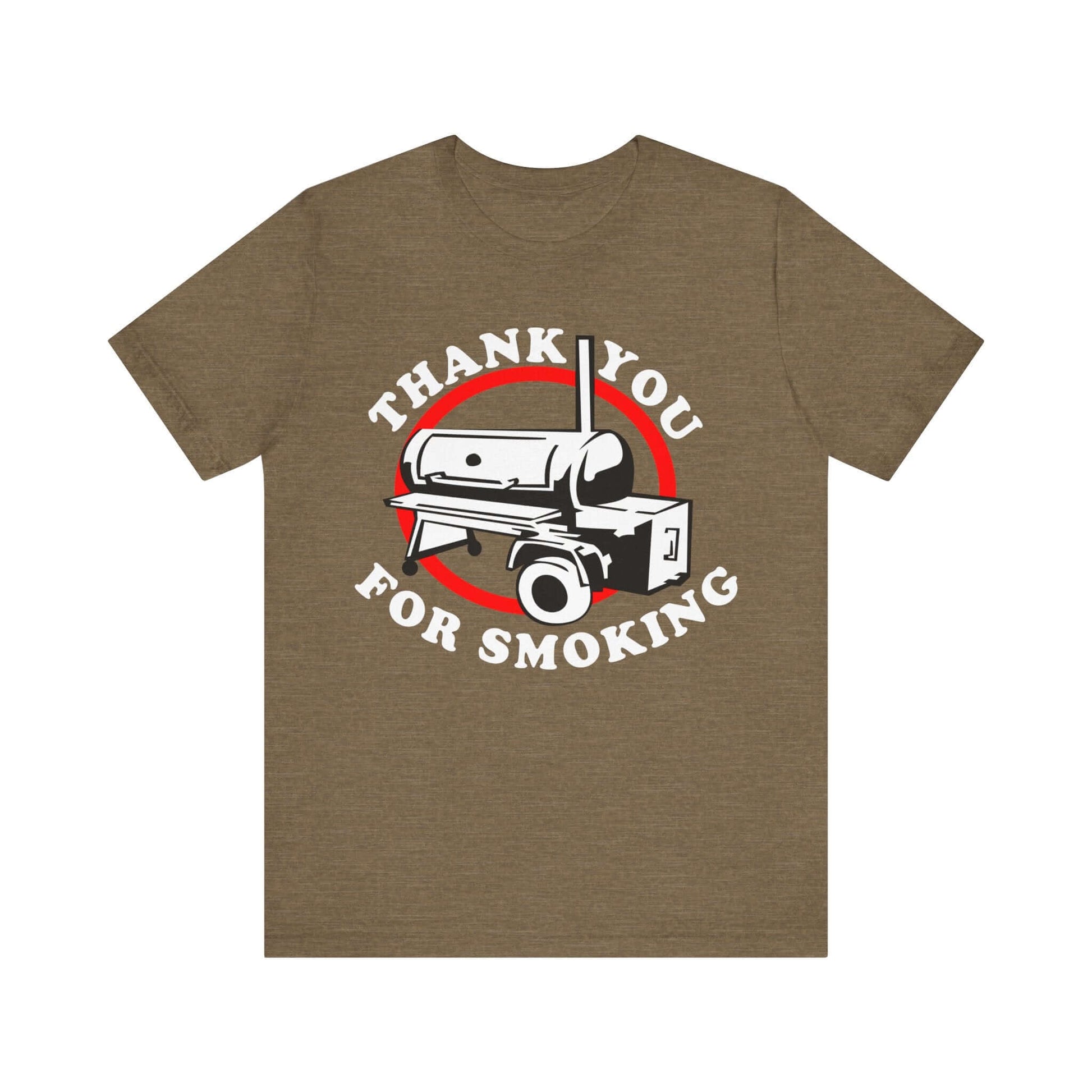 Olive T-shirt with “Thank you for smoking” BBQ graphic in red and white