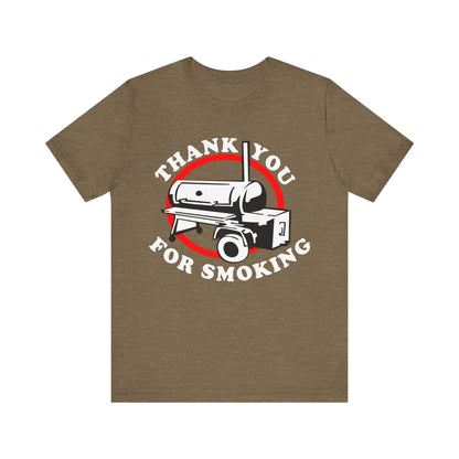Olive T-shirt with “Thank you for smoking” BBQ graphic in red and white