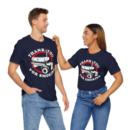 Navy T-shirt with “Thank You for Smoking” BBQ smoker graphic