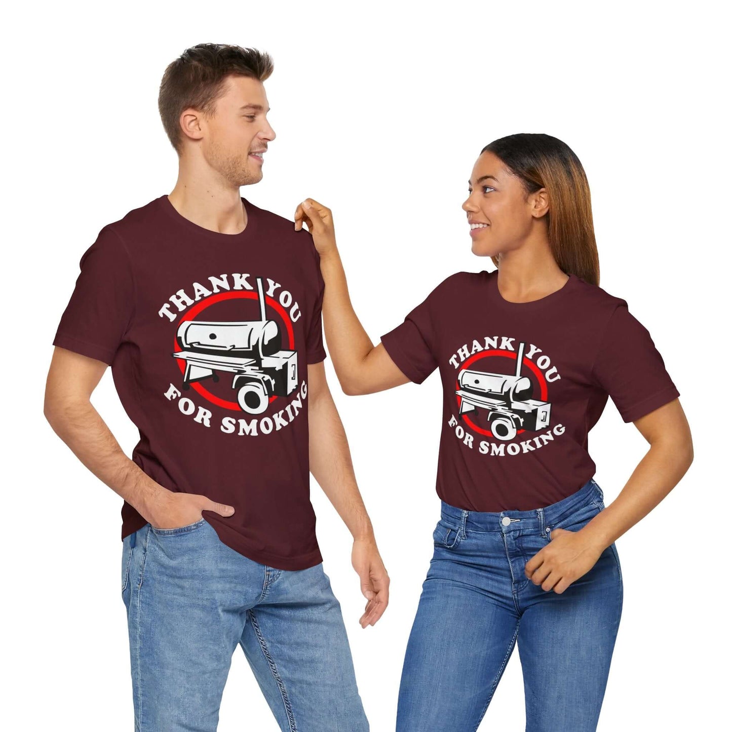 Maroon T-shirt with “Thank You for Smoking” BBQ smoker graphic