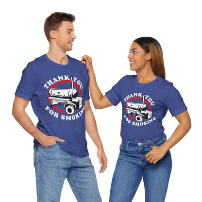Heather blue T-shirt with “Thank You for Smoking” BBQ smoker graphic