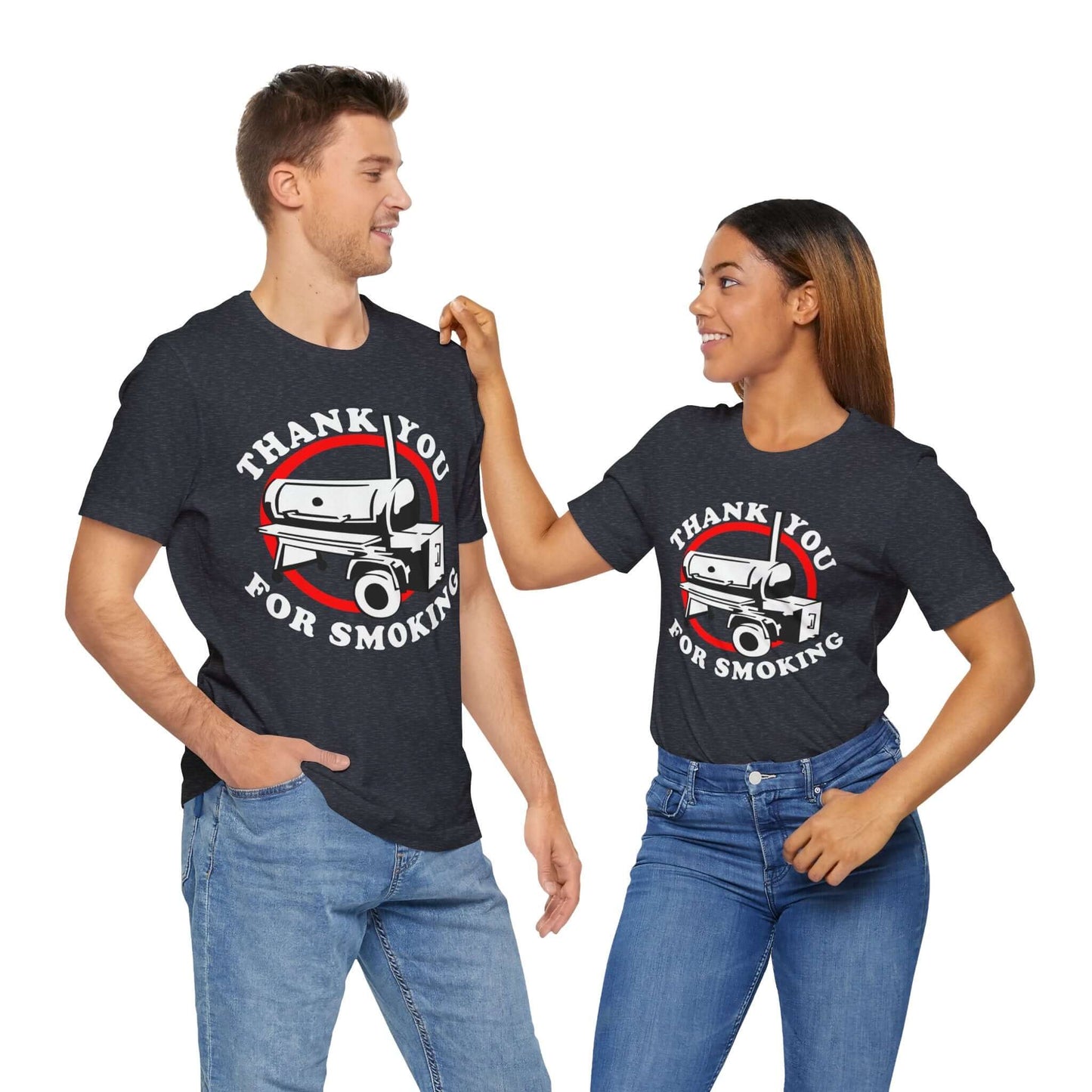 Heather navy T-shirt with “Thank You for Smoking” BBQ smoker graphic