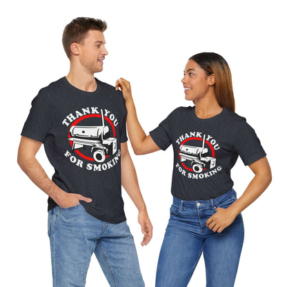 Heather navy T-shirt with “Thank You for Smoking” BBQ smoker graphic