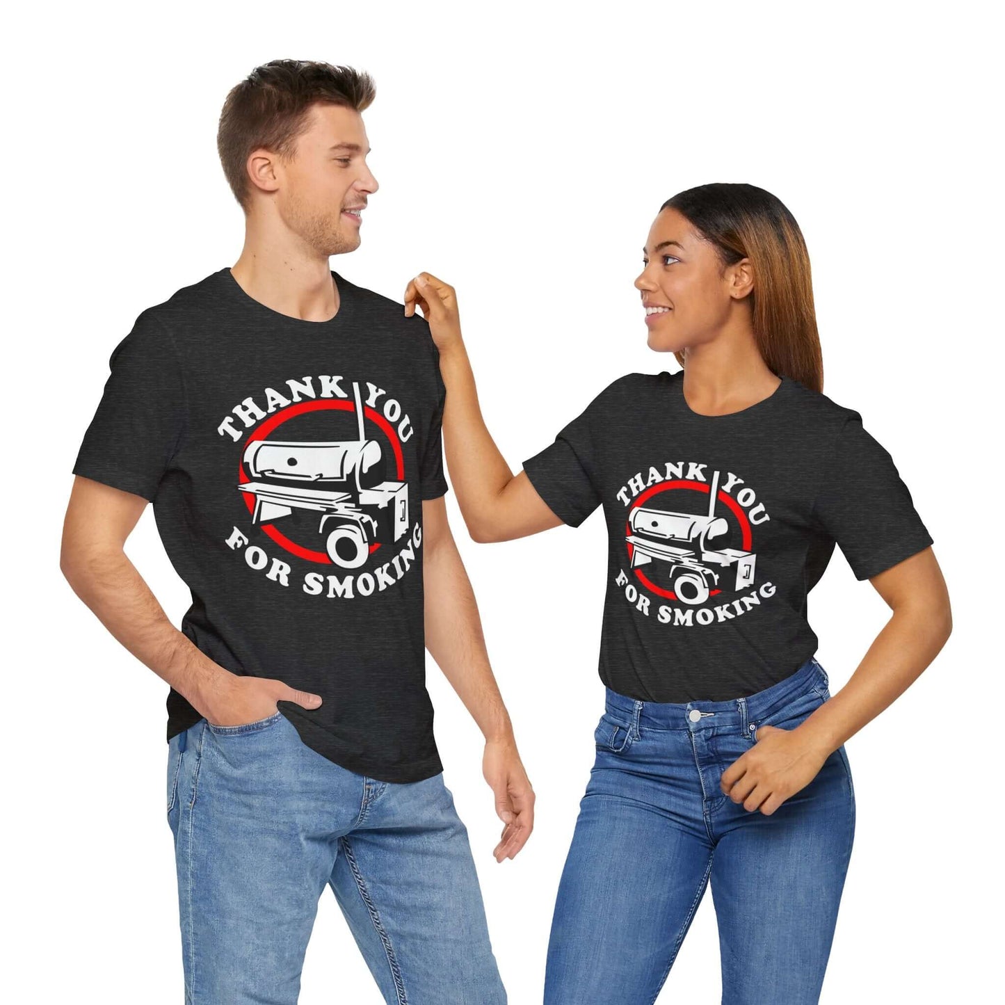 Dark heather T-shirt with “Thank You for Smoking” BBQ smoker graphic