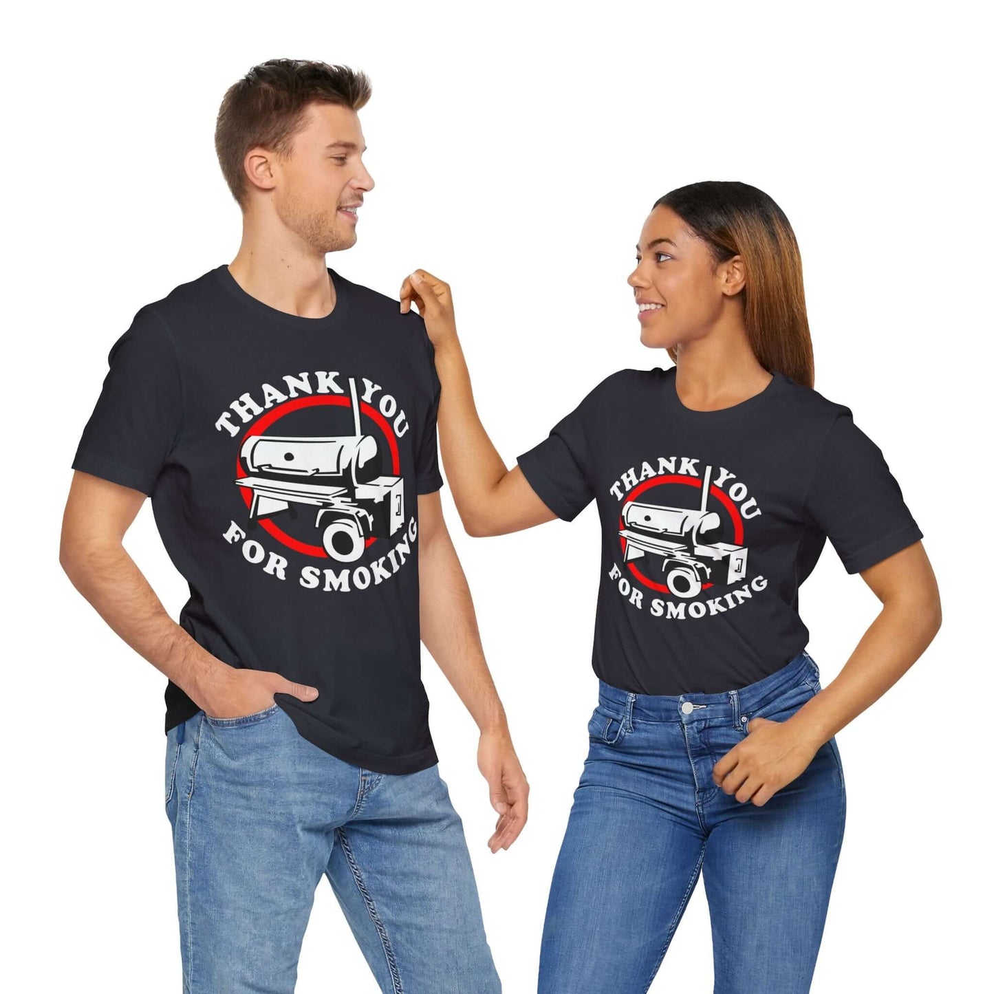 Dark T-shirt with “Thank You for Smoking” BBQ smoker graphic