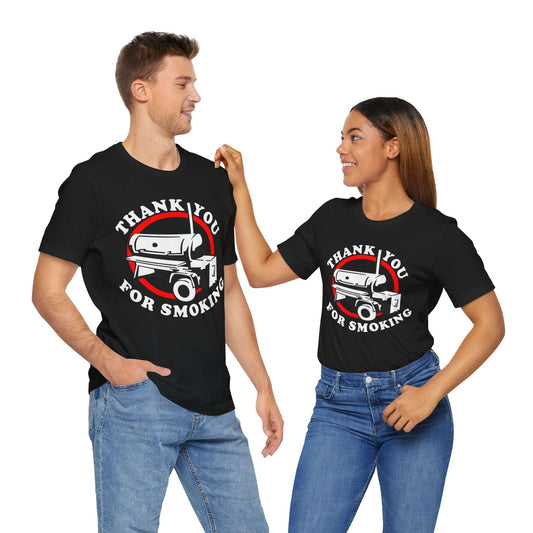 Black T-shirt with “Thank You for Smoking” BBQ smoker graphic