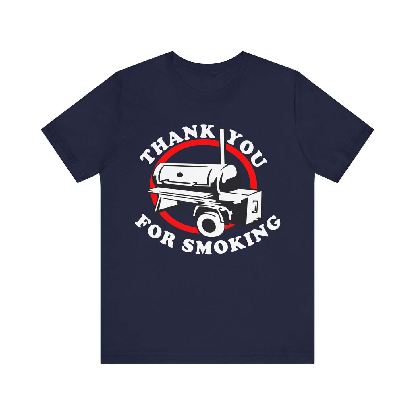 Navy T-shirt with “Thank you for smoking” BBQ graphic in red and white
