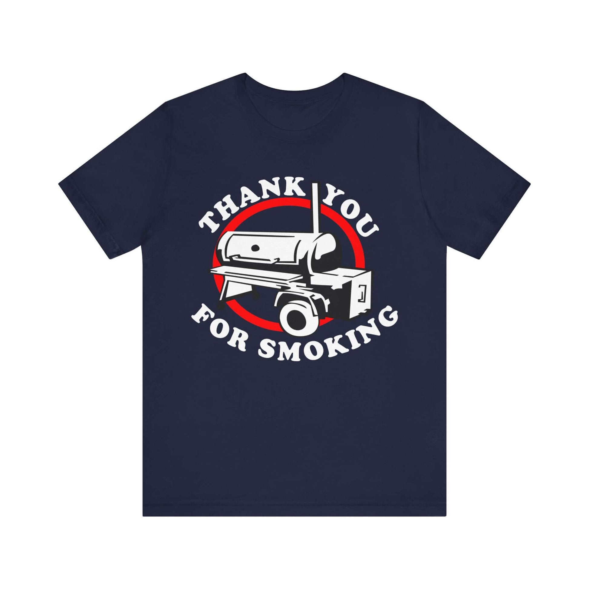 Navy T-shirt with “Thank you for smoking” BBQ graphic in red and white