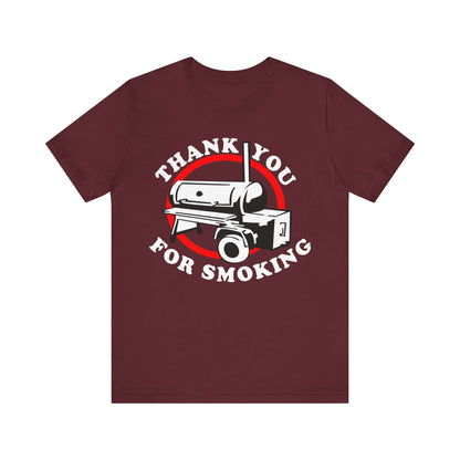 Maroon T-shirt with “Thank you for smoking” BBQ graphic in red and white