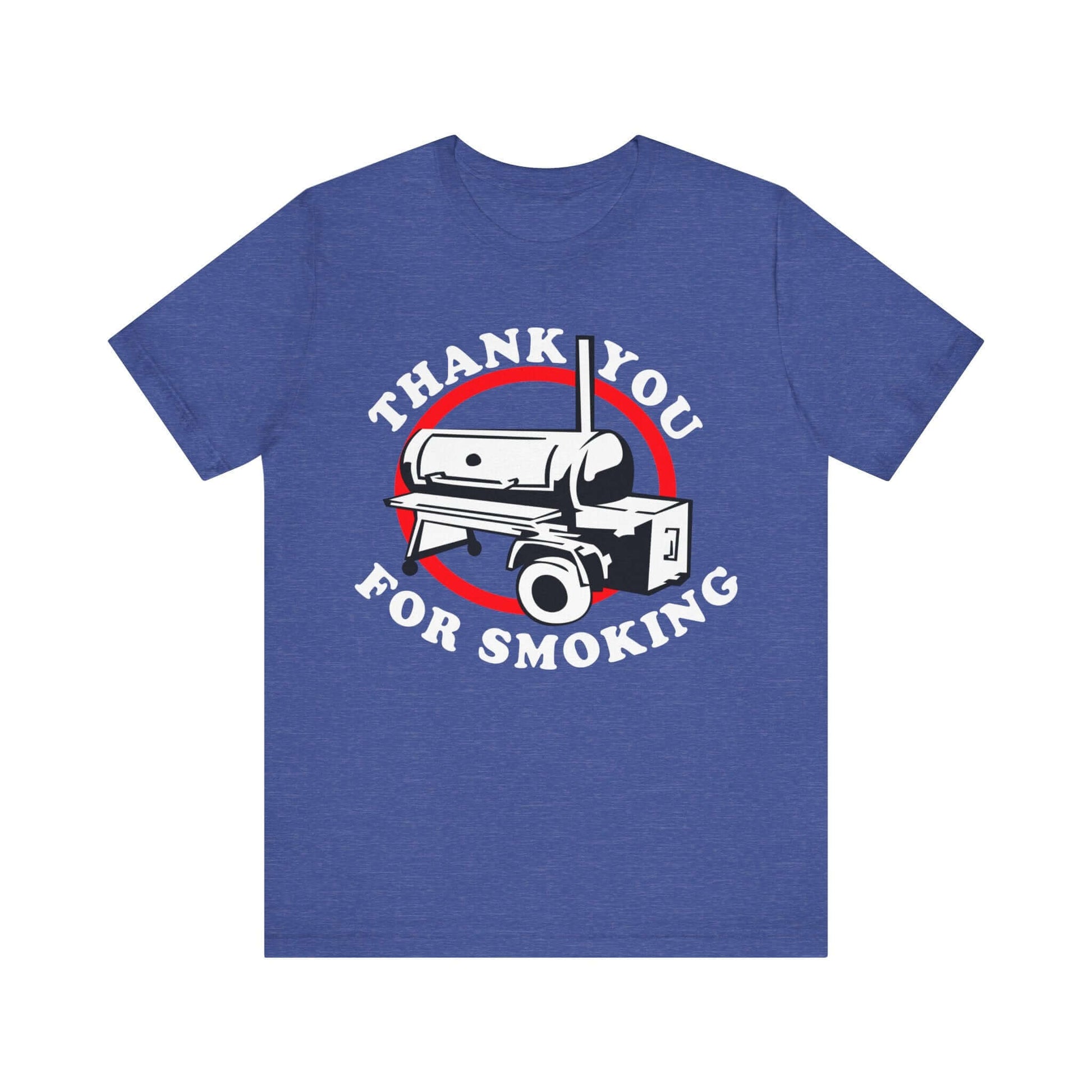 Blue T-shirt with “Thank you for smoking” BBQ graphic in red and white
