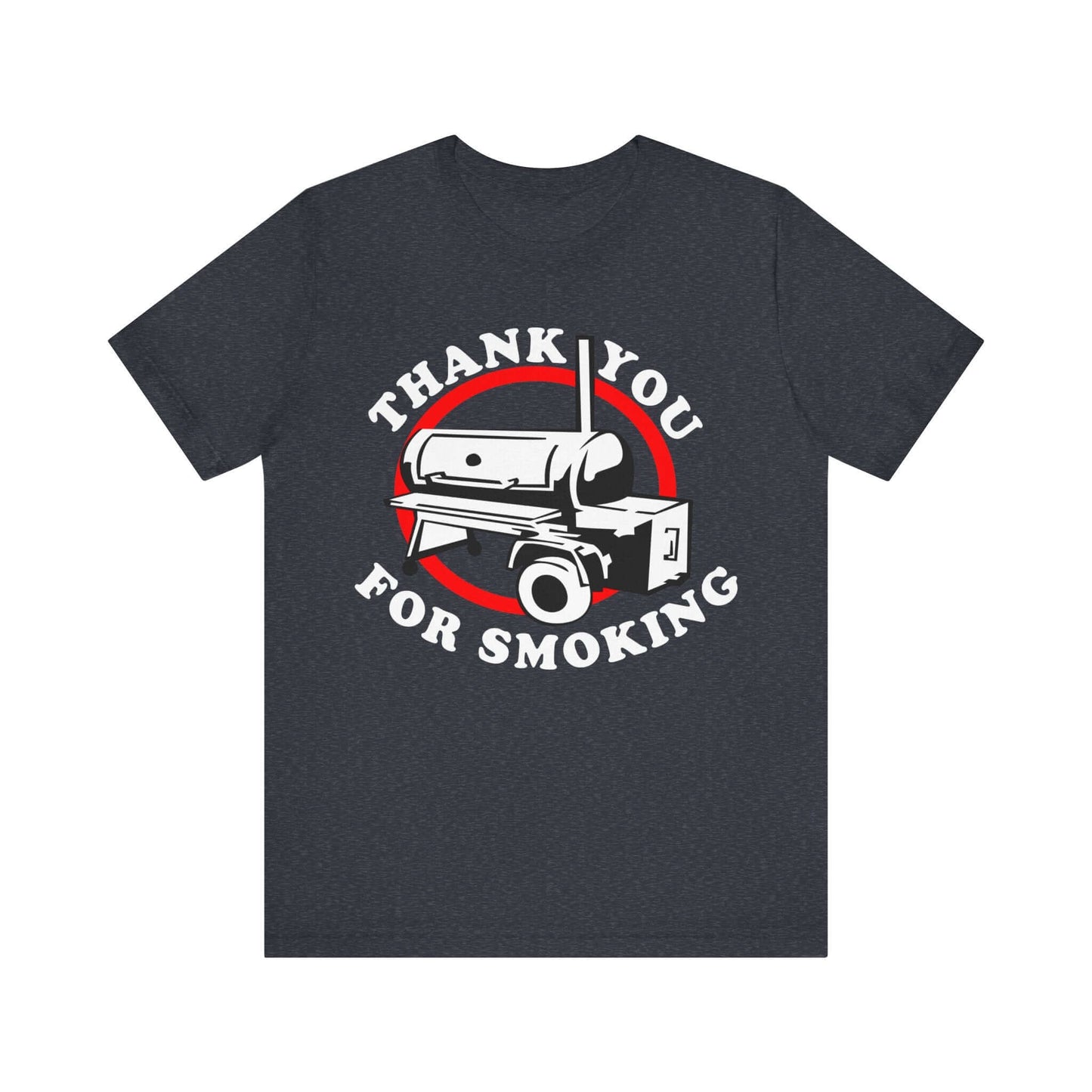 Dark grey T-shirt with “Thank you for smoking” BBQ graphic in red and white