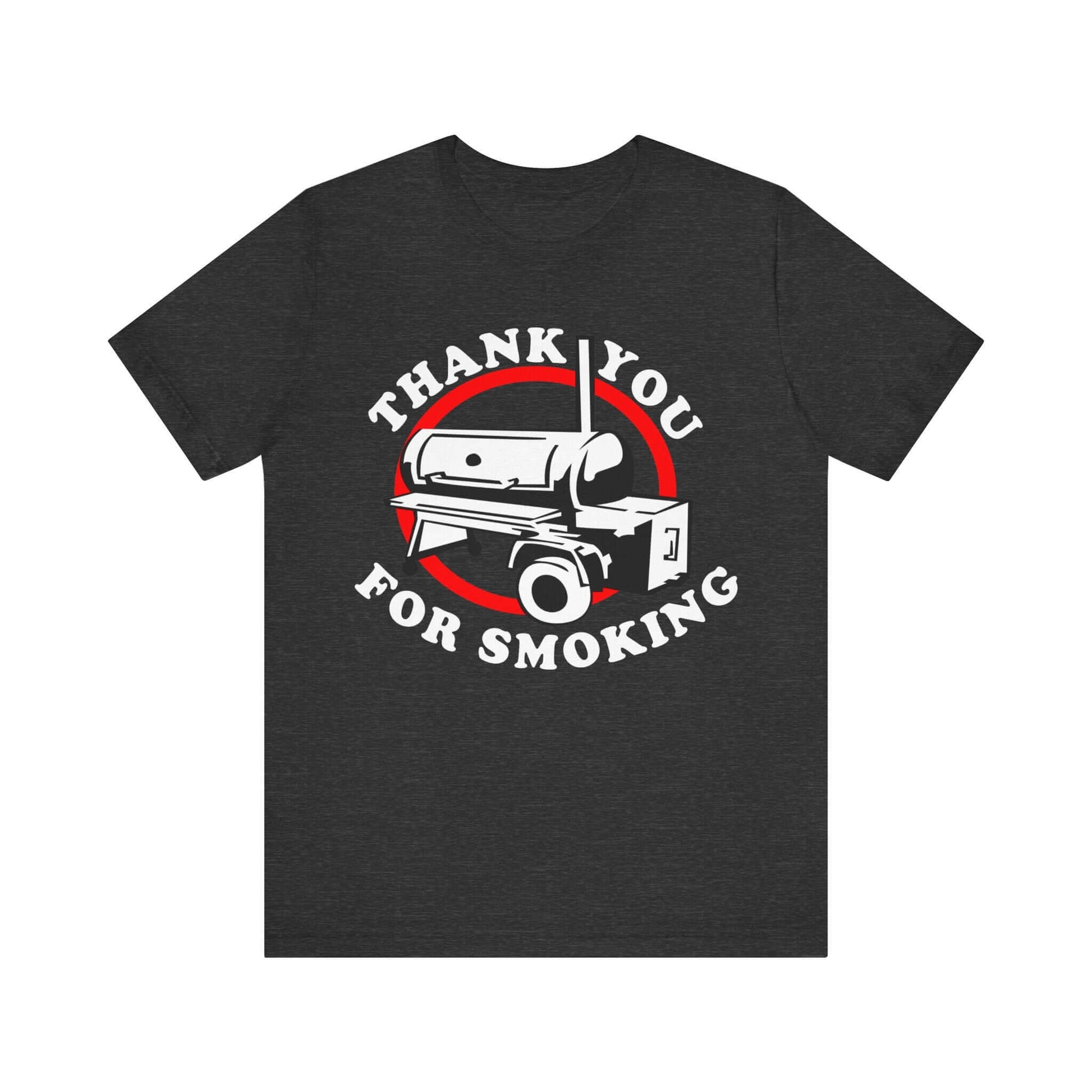 Black T-shirt with “Thank you for smoking” BBQ graphic in red and white