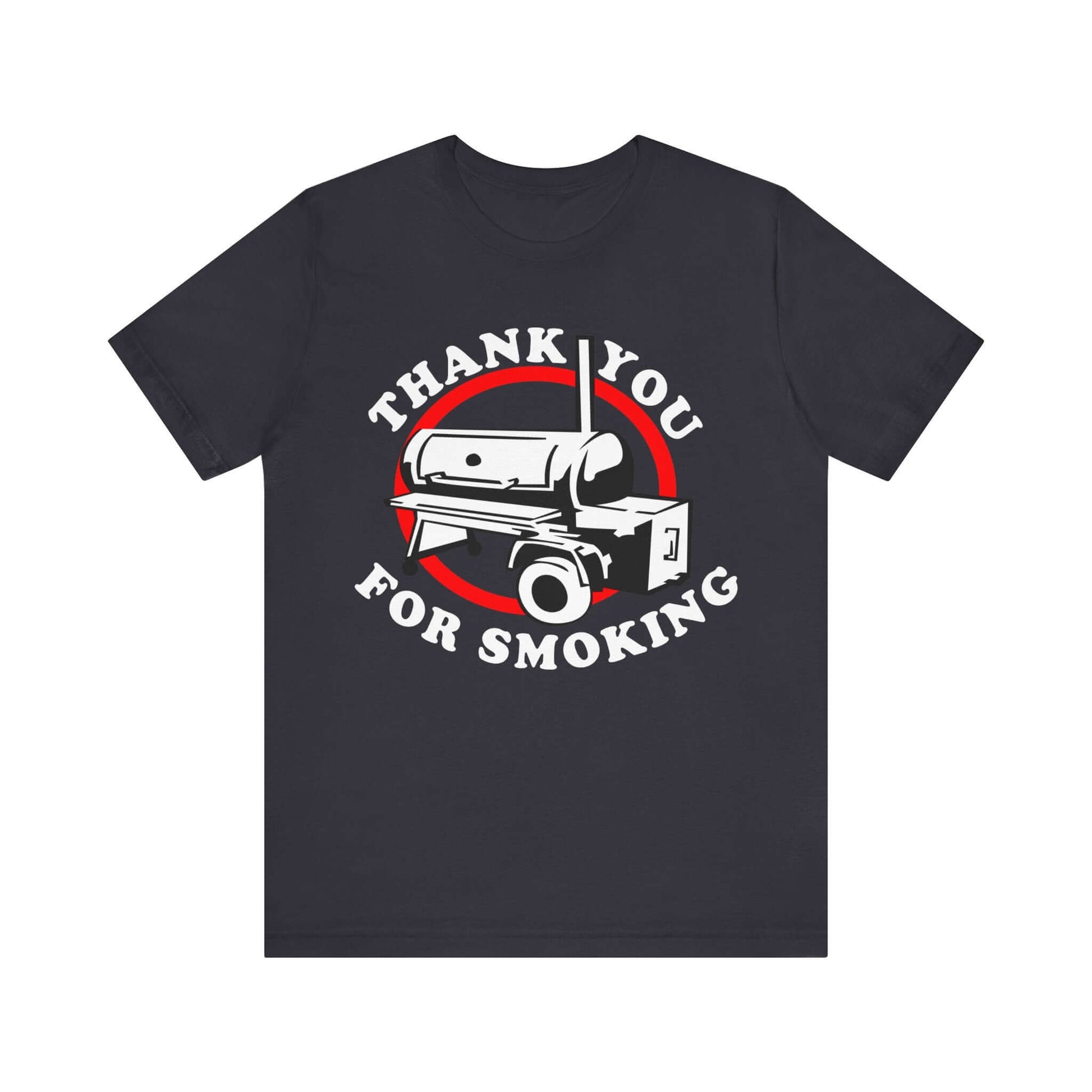 Dark T-shirt with centered “Thank You for Smoking” BBQ smoker graphic