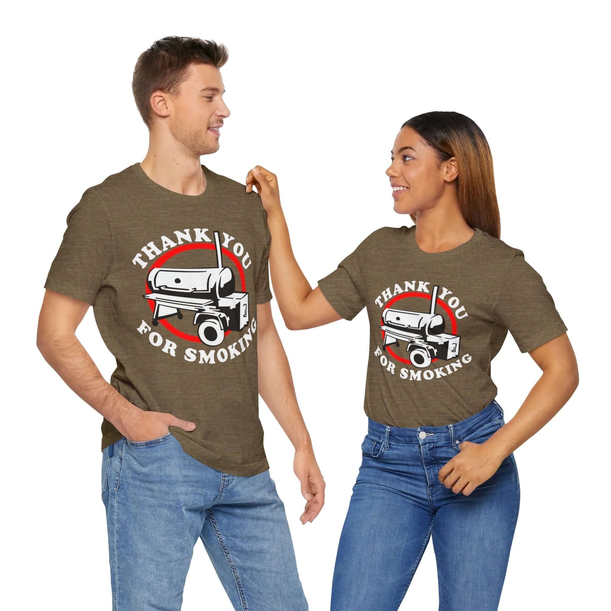 Heather olive T-shirt with “Thank You for Smoking” BBQ smoker graphic