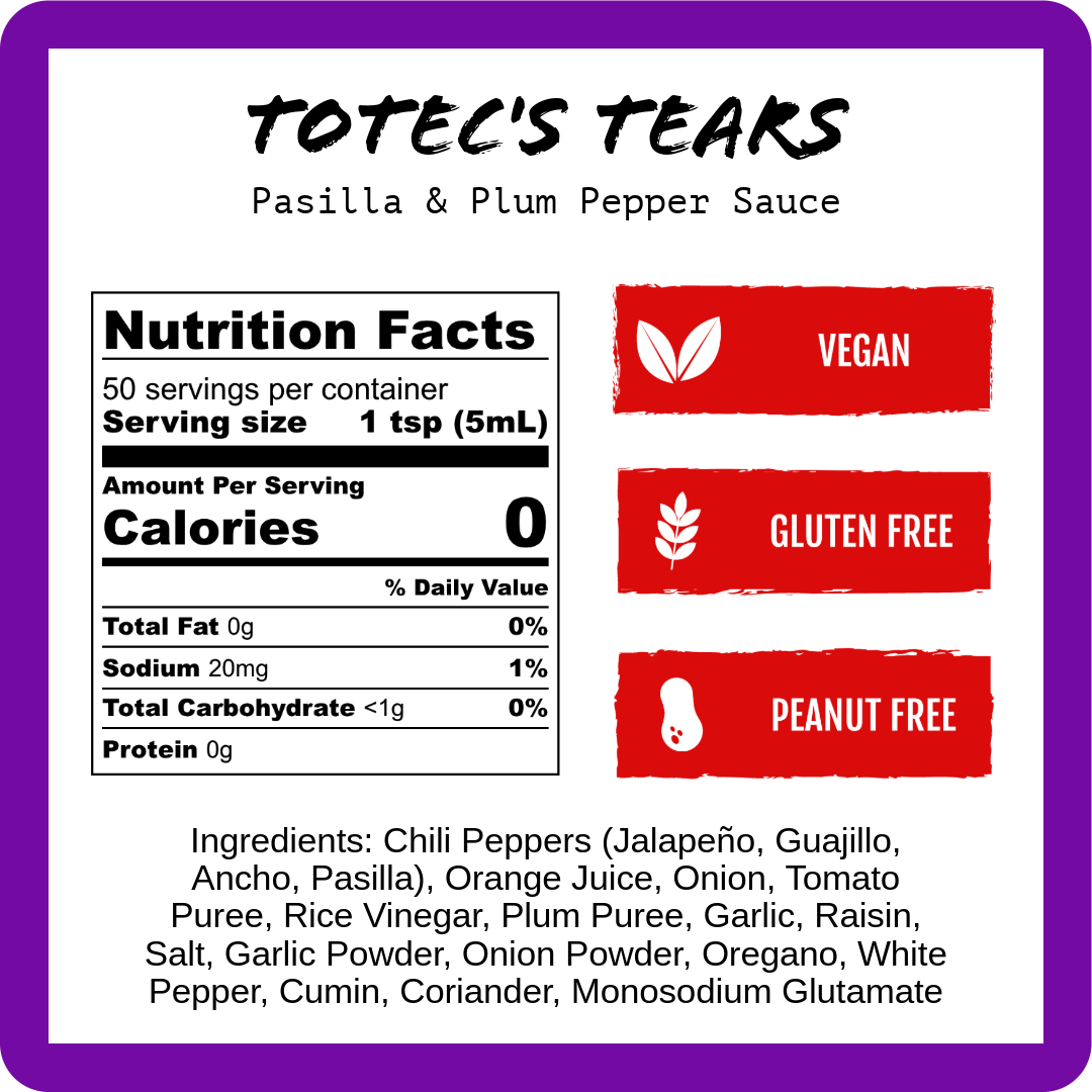 Tote's Tears Pasilla & Plum Pepper Sauce nutrition label with vegan and gluten-free icons