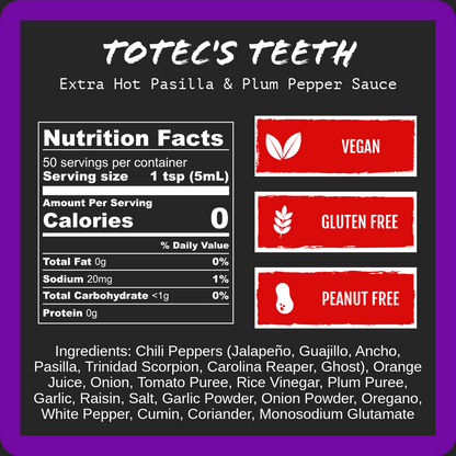 Toteâ€™s Teth extra hot pasilla & plum pepper sauce label, vegan, gluten-free