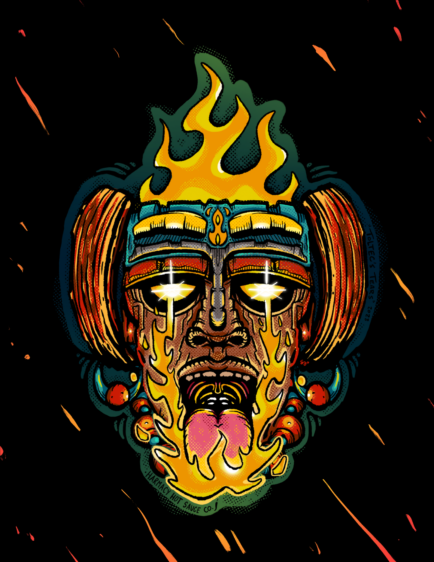Hot sauce logo illustration of a burning face with flames and glowing eyes.