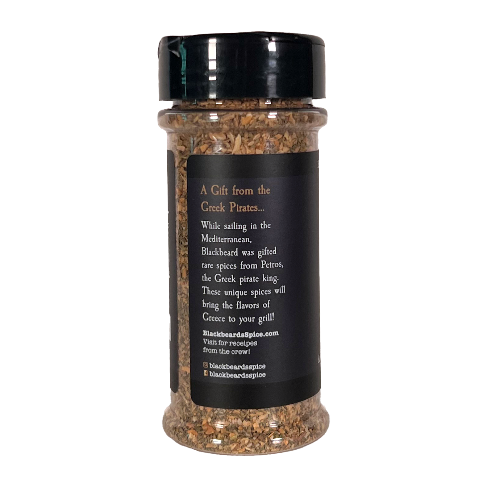 Triton Greek spice rub bottle with black label and story text on back