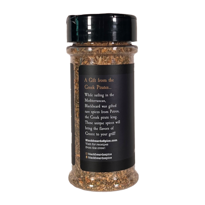 Triton Greek spice rub bottle with black label and story text on back