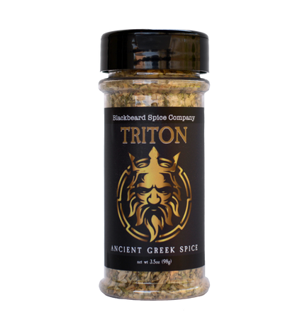 Triton ancient Greek spice rub bottle with black cap and Ancient Greek Spice label