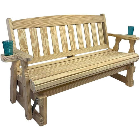 Unfinished wood porch glider bench with slatted back and built-in cupholders